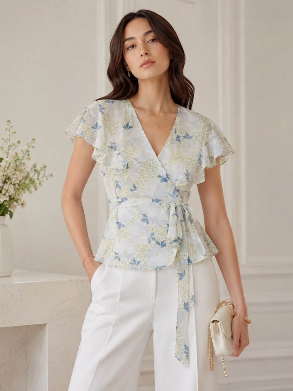 NWT New TED BAKER Gemmiaa Floral Print Ruffle Wrap Blouse Size Multiple